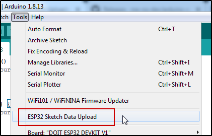 Menu ESP32 Sketch Data Upload 
